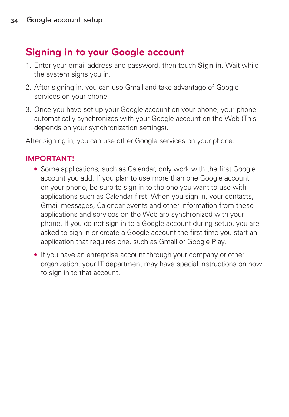 Signing in to your google account | LG AS695 User Manual | Page 36 / 300