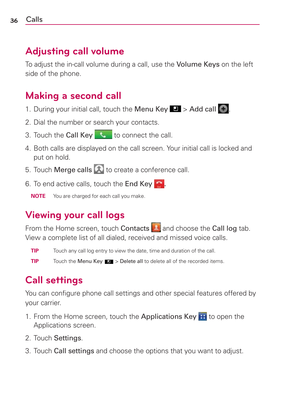 Adjusting call volume, Making a second call, Viewing your call logs | Call settings | LG AS695 User Manual | Page 38 / 300