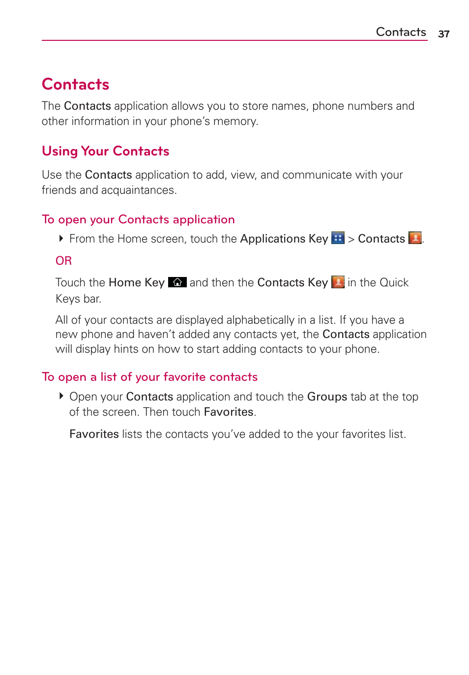 Contacts, Using your contacts | LG AS695 User Manual | Page 39 / 300