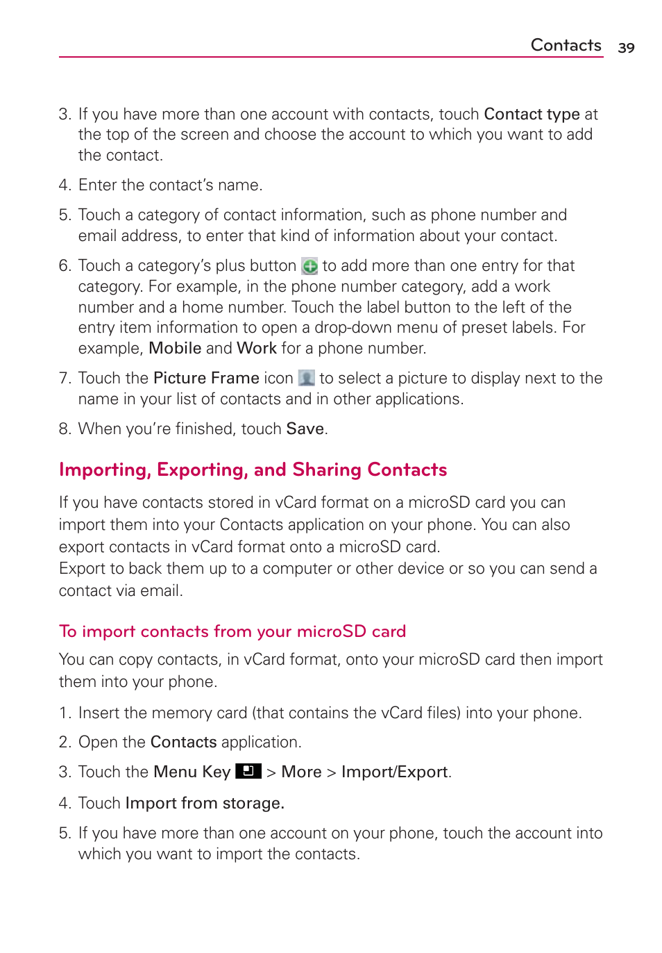 Importing, exporting, and sharing contacts | LG AS695 User Manual | Page 41 / 300