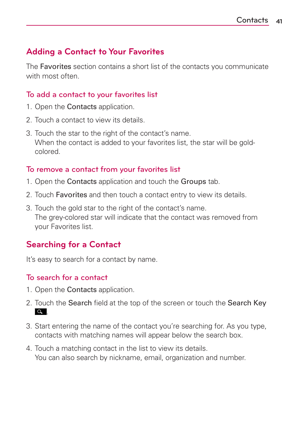 Adding a contact to your favorites, Searching for a contact | LG AS695 User Manual | Page 43 / 300