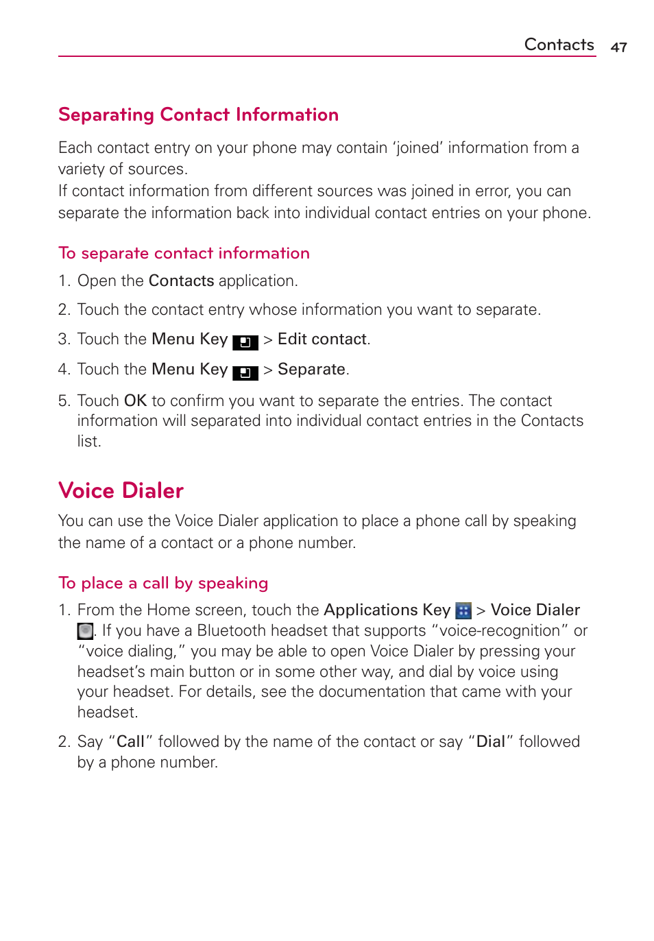 Voice dialer, Separating contact information | LG AS695 User Manual | Page 49 / 300