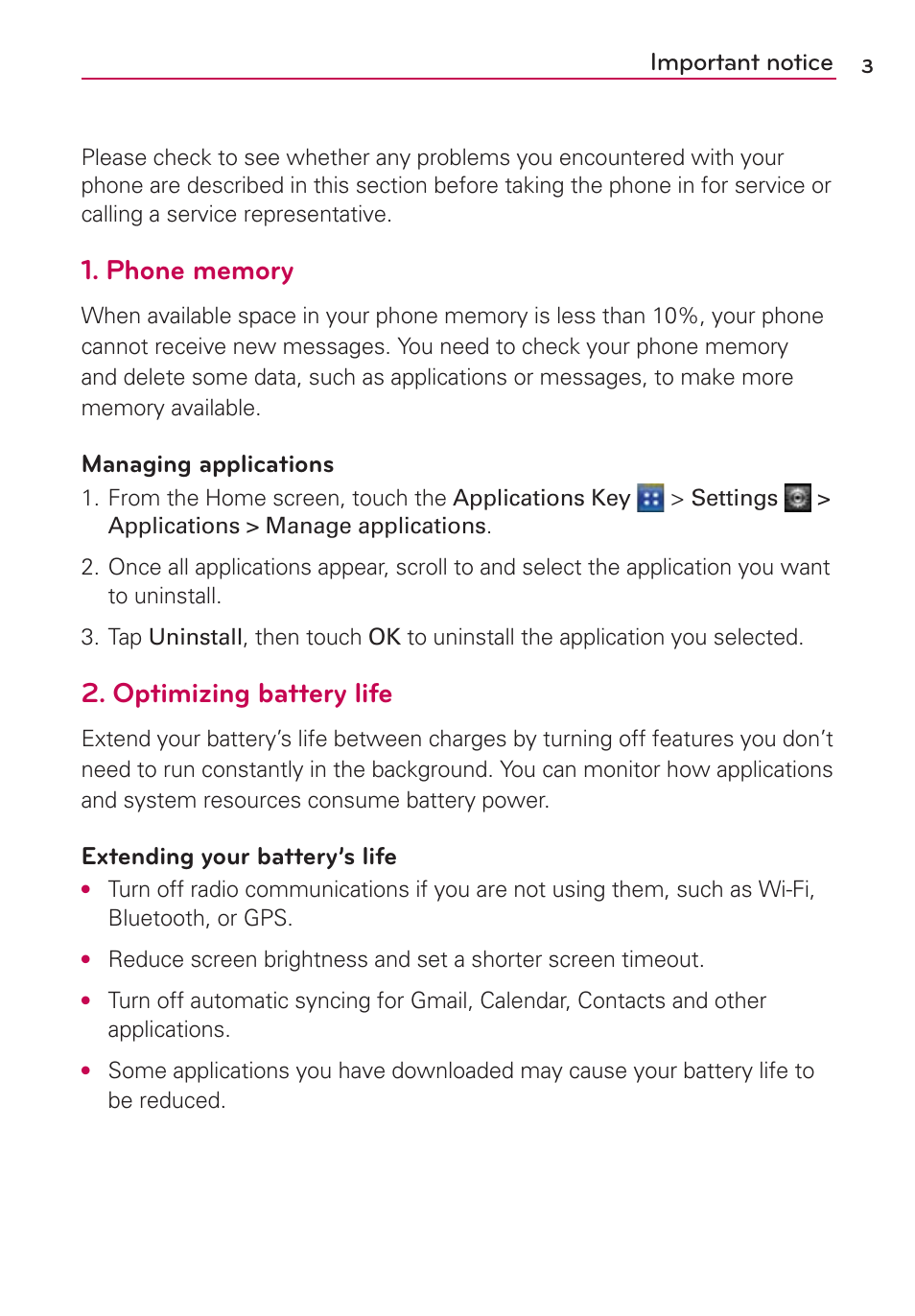 Optimizing battery life, Important notice, Managing applications | Extending your battery’s life | LG AS695 User Manual | Page 5 / 300