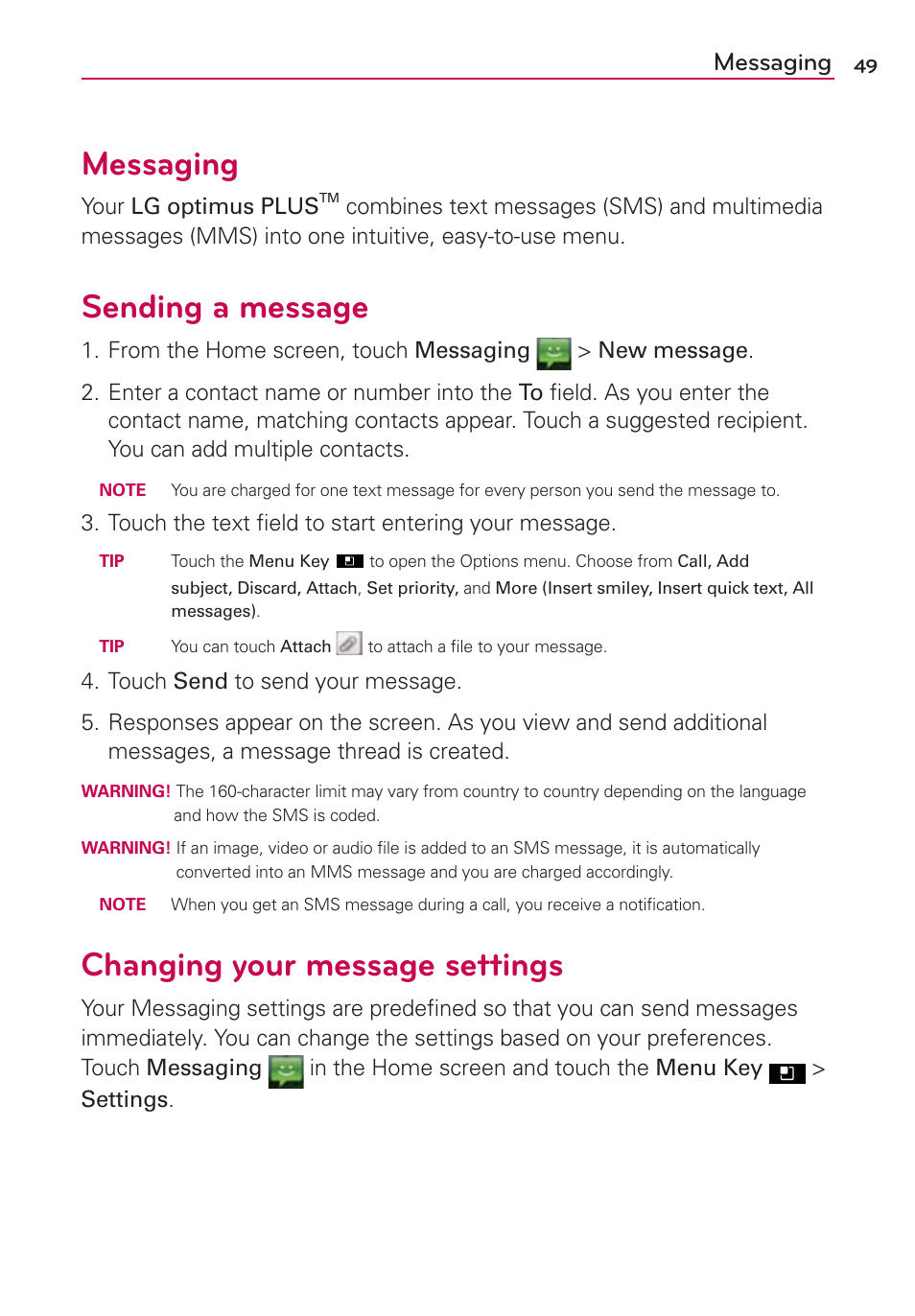 Sending a message, Changing your message settings, Messaging | LG AS695 User Manual | Page 51 / 300