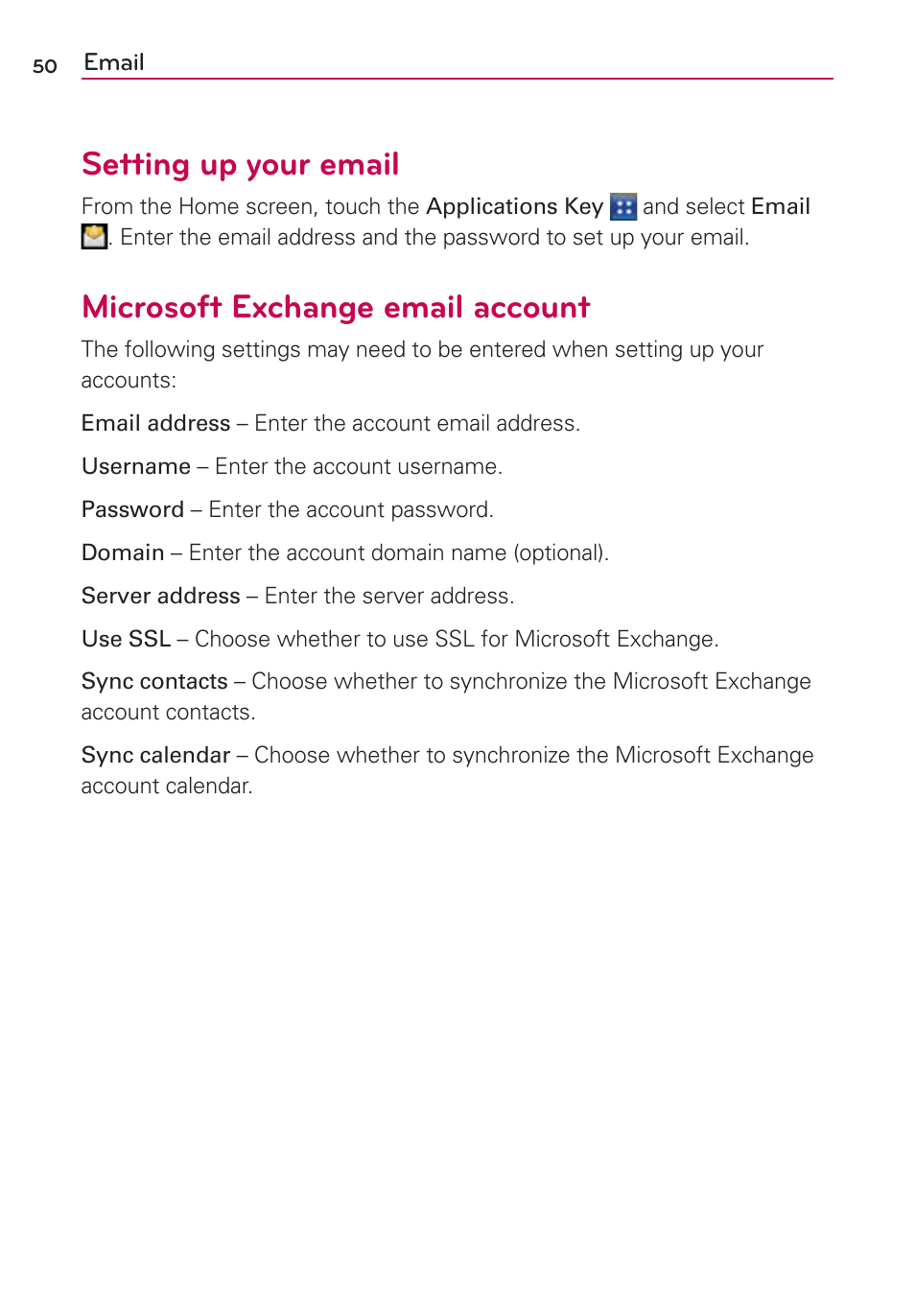 Setting up your email, Microsoft exchange email account | LG AS695 User Manual | Page 52 / 300