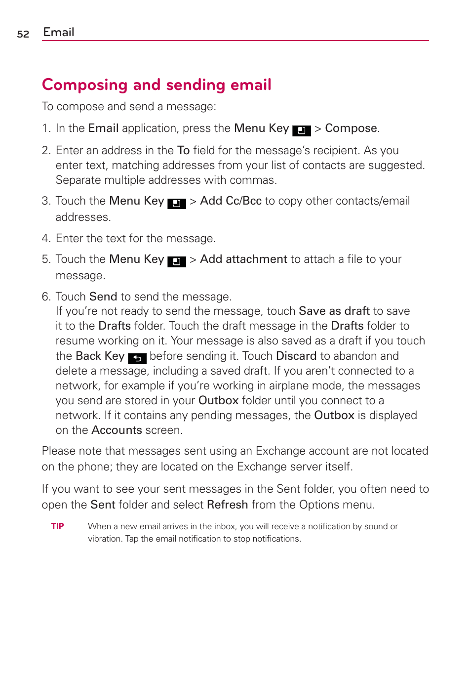 Composing and sending email | LG AS695 User Manual | Page 54 / 300