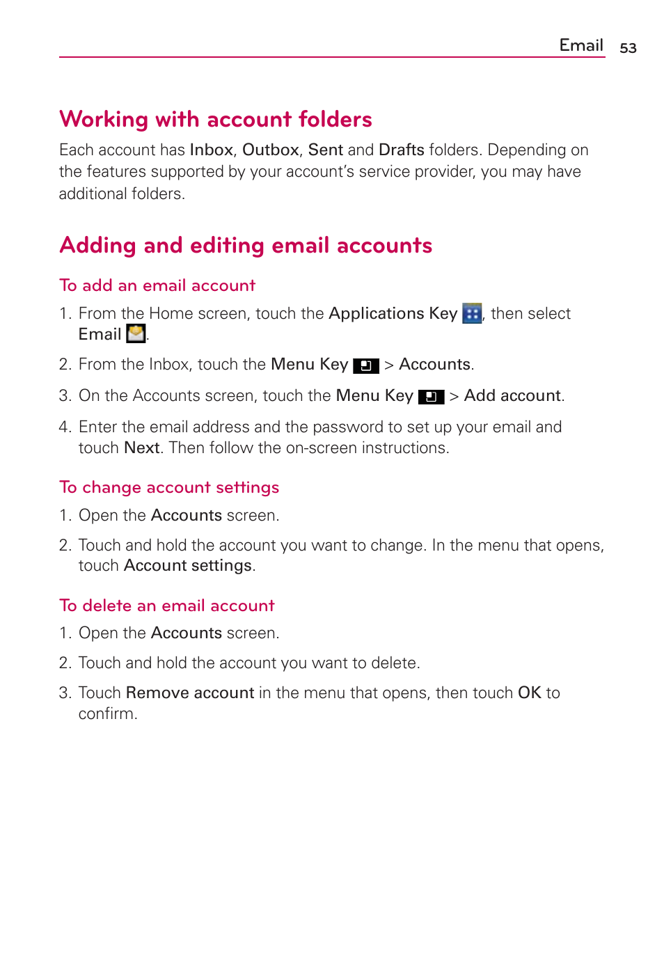 Working with account folders, Adding and editing email accounts | LG AS695 User Manual | Page 55 / 300