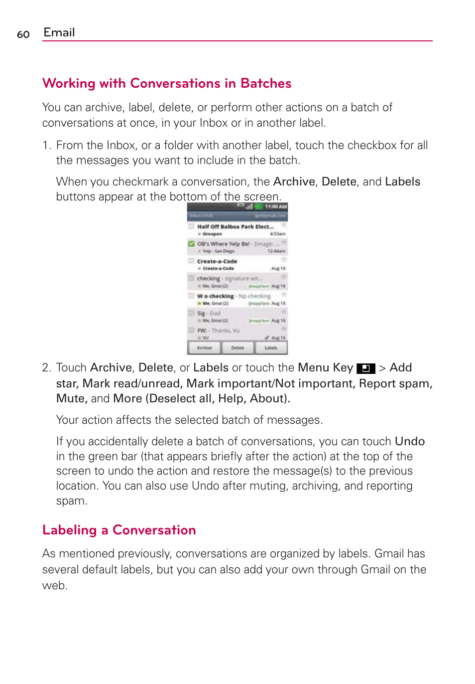 Working with conversations in batches, Labeling a conversation | LG AS695 User Manual | Page 62 / 300