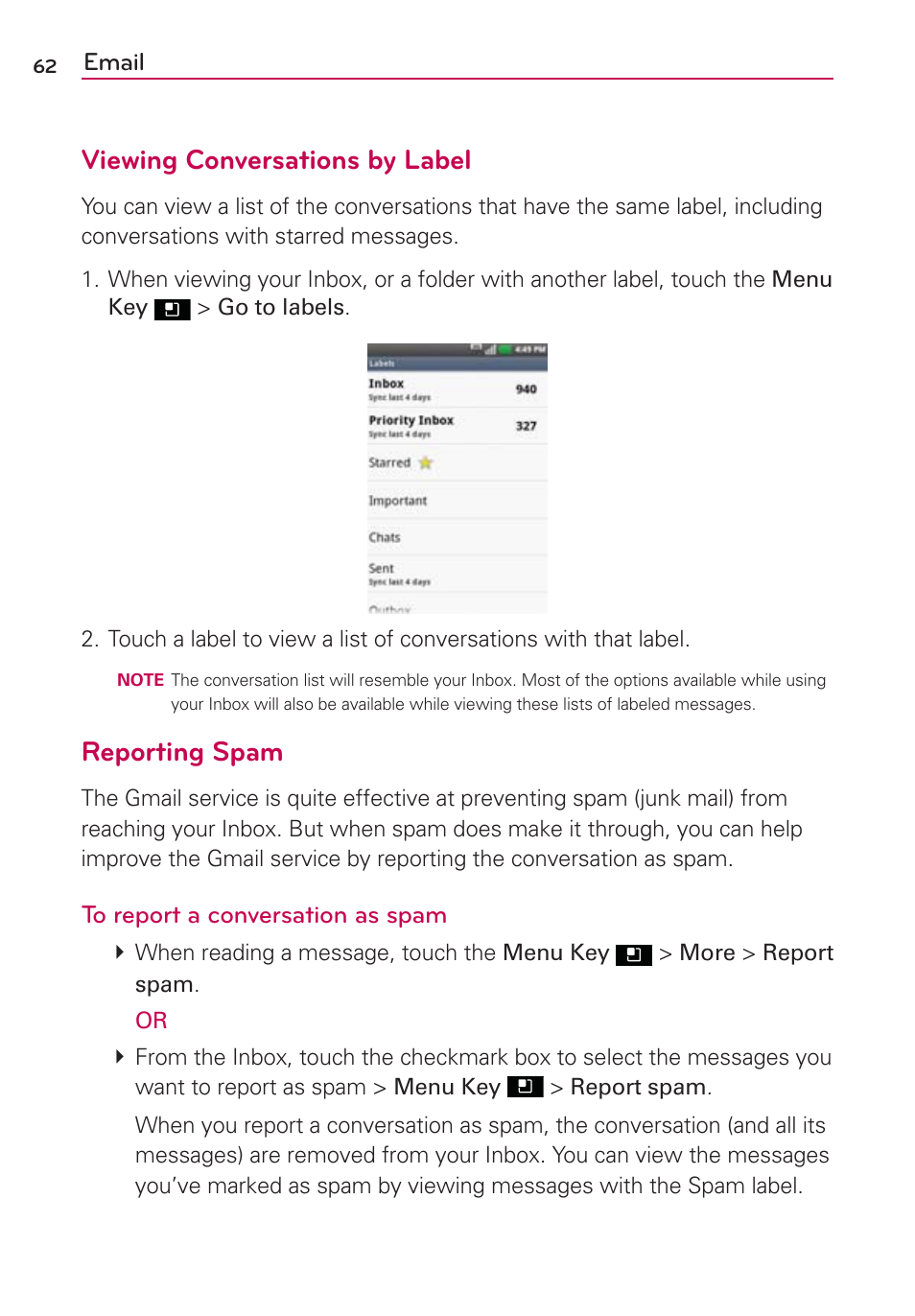 Viewing conversations by label, Reporting spam | LG AS695 User Manual | Page 64 / 300