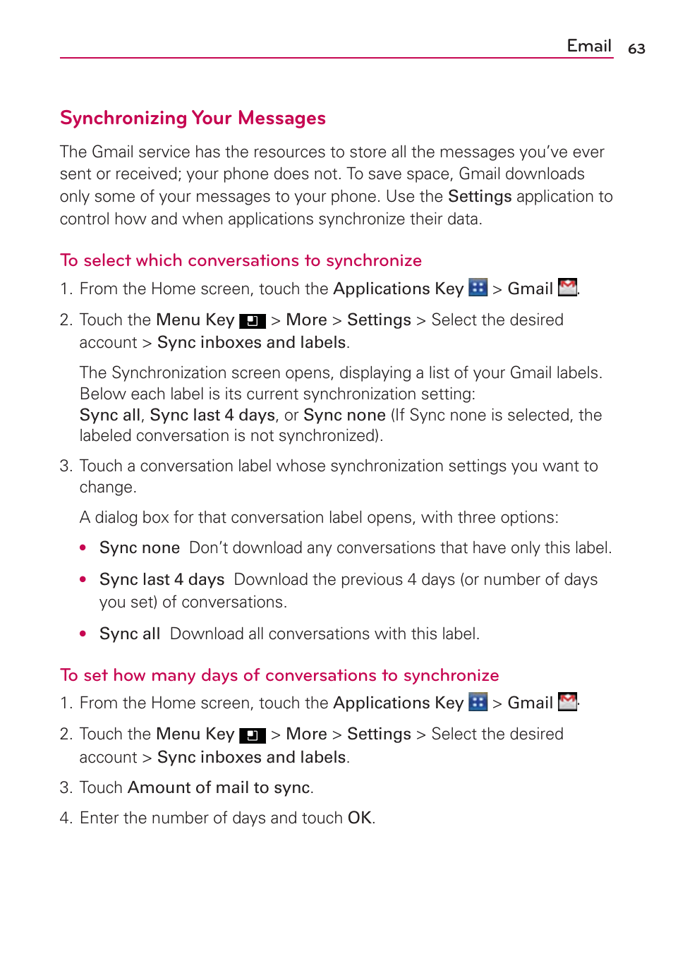 Synchronizing your messages, Email | LG AS695 User Manual | Page 65 / 300