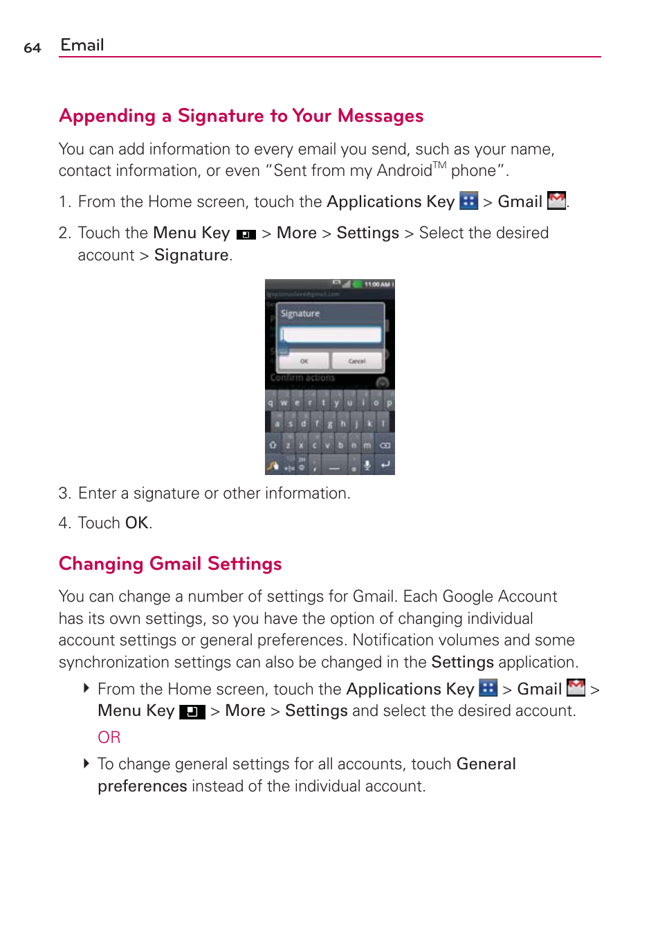 Appending a signature to your messages, Changing gmail settings | LG AS695 User Manual | Page 66 / 300