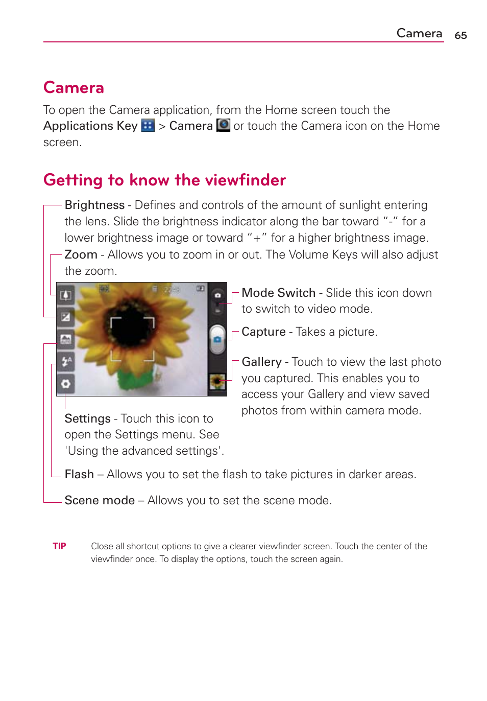 Camera, Getting to know the viewﬁnder | LG AS695 User Manual | Page 67 / 300