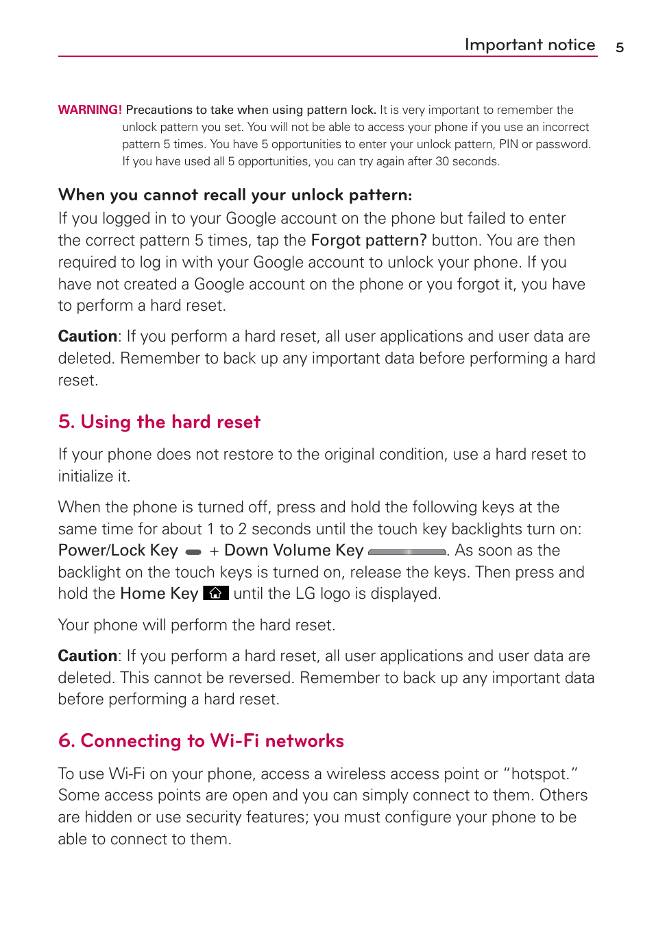 Using the hard reset, Connecting to wi-fi networks, Important notice | When you cannot recall your unlock pattern | LG AS695 User Manual | Page 7 / 300