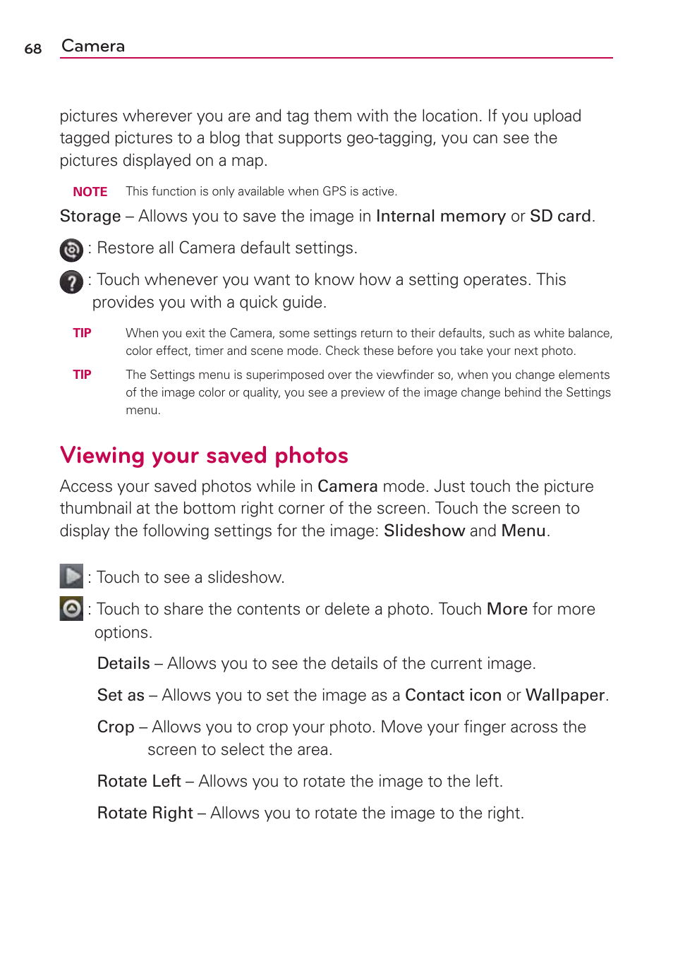 Viewing your saved photos, Camera | LG AS695 User Manual | Page 70 / 300