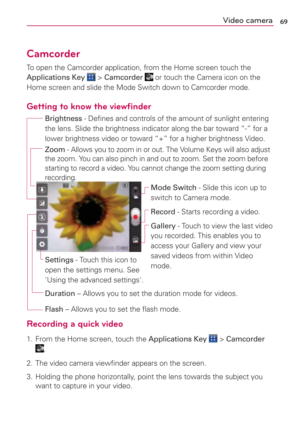 Camcorder | LG AS695 User Manual | Page 71 / 300