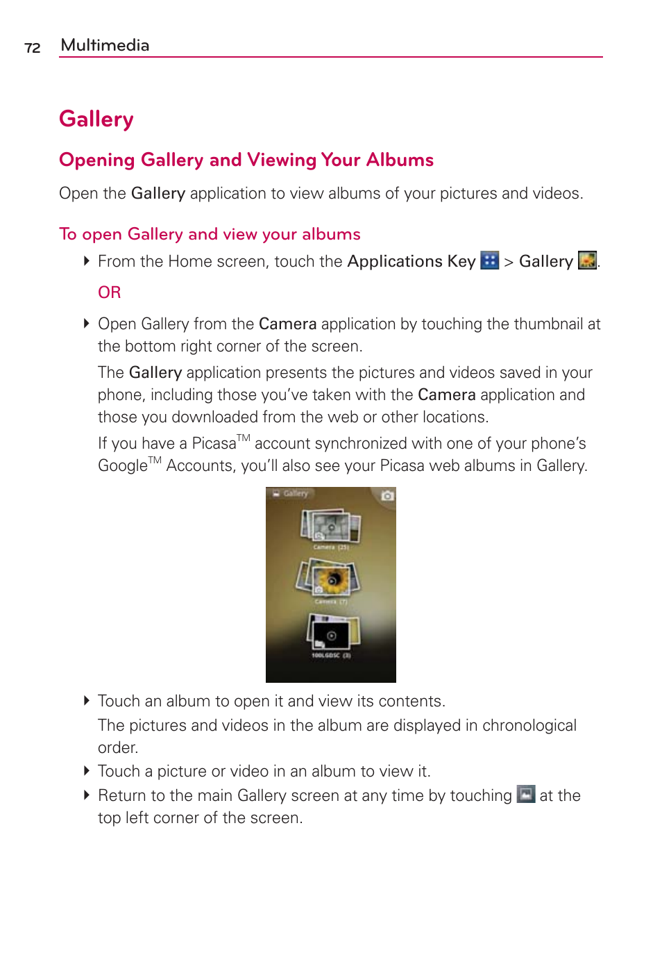 Gallery, Opening gallery and viewing your albums | LG AS695 User Manual | Page 74 / 300