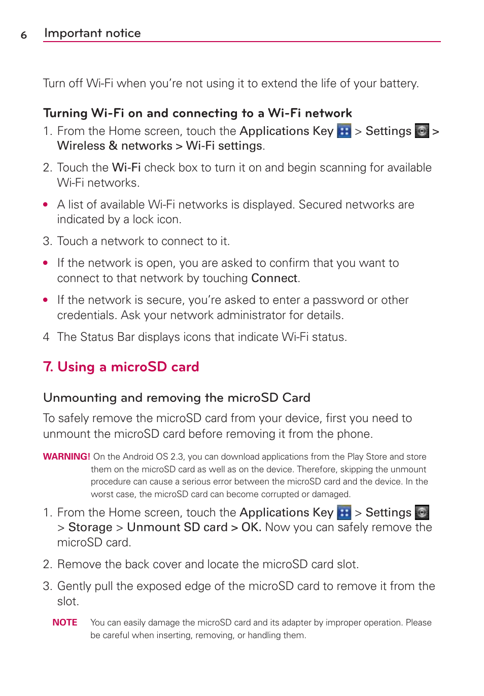 Using a microsd card, Important notice, Turning wi-fi on and connecting to a wi-fi network | Unmounting and removing the microsd card | LG AS695 User Manual | Page 8 / 300