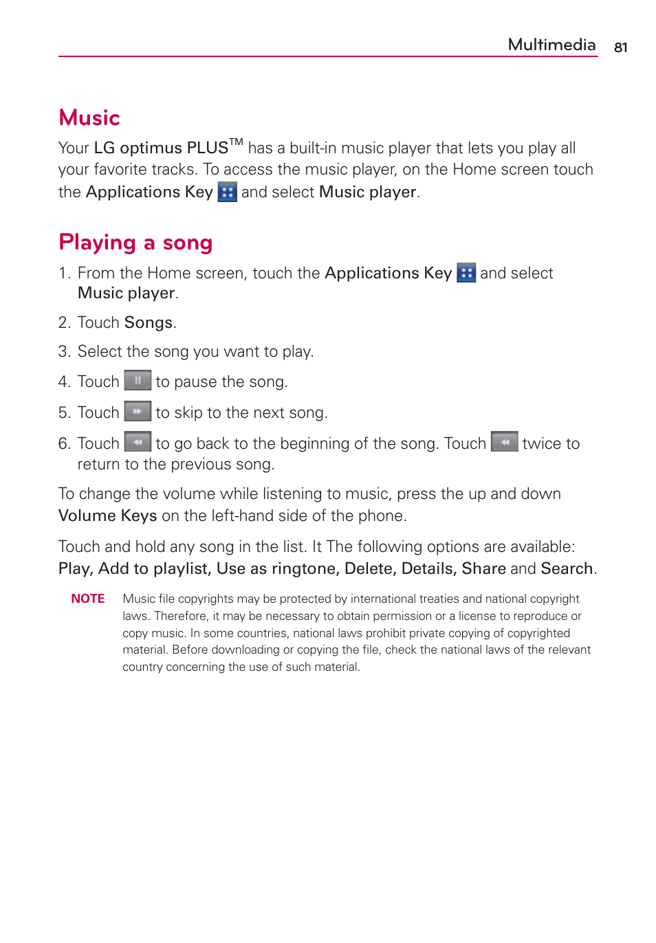 Music, Playing a song | LG AS695 User Manual | Page 83 / 300