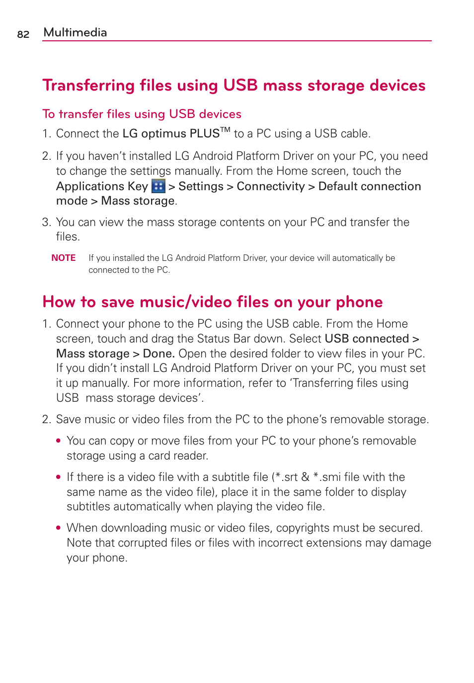 Transferring ﬁles using usb mass storage devices, How to save music/video ﬁles on your phone, Multimedia | LG AS695 User Manual | Page 84 / 300