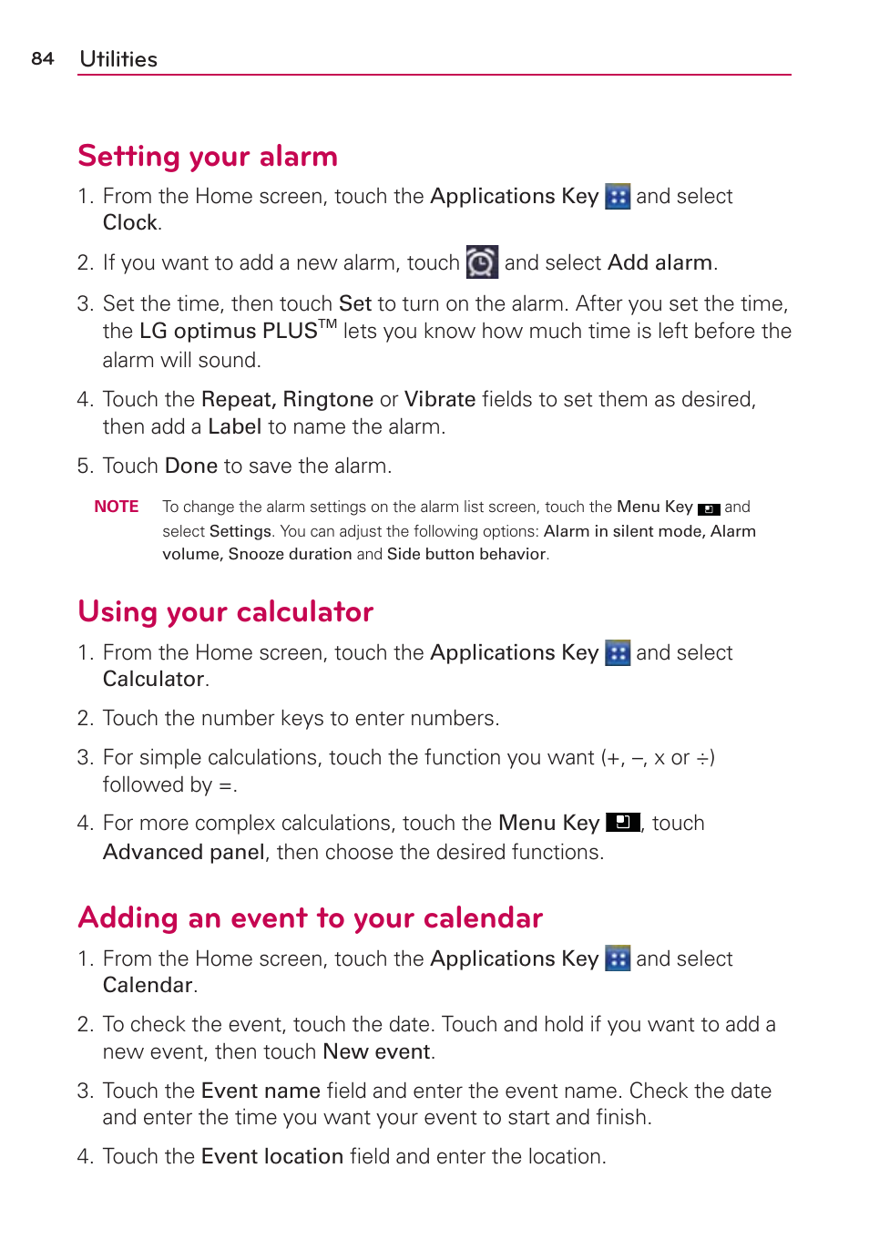 Setting your alarm, Using your calculator, Adding an event to your calendar | LG AS695 User Manual | Page 86 / 300