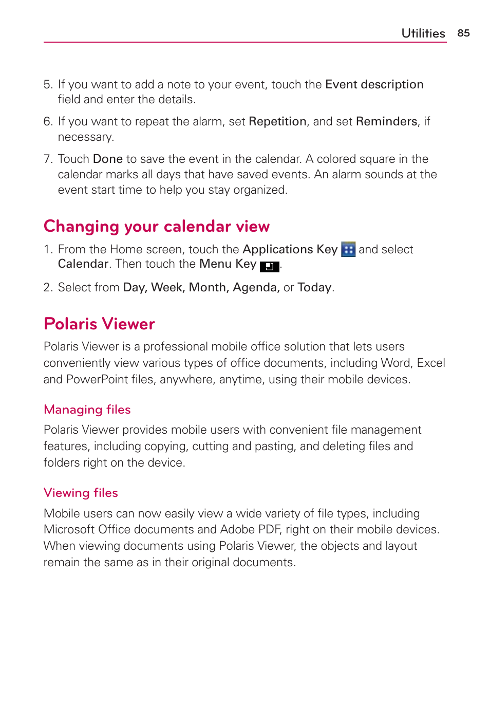 Changing your calendar view, Polaris viewer | LG AS695 User Manual | Page 87 / 300