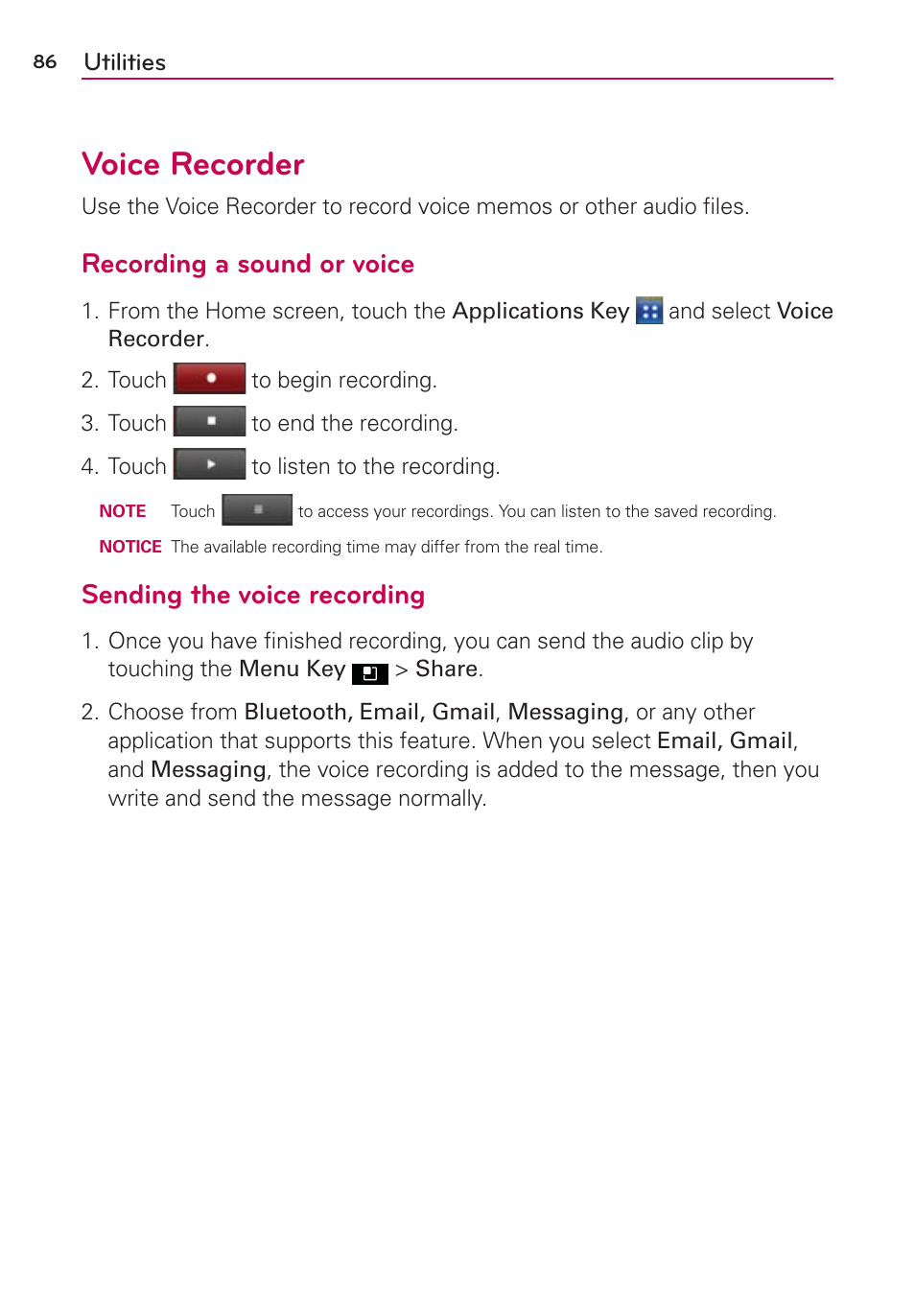 Voice recorder, Recording a sound or voice, Sending the voice recording | LG AS695 User Manual | Page 88 / 300