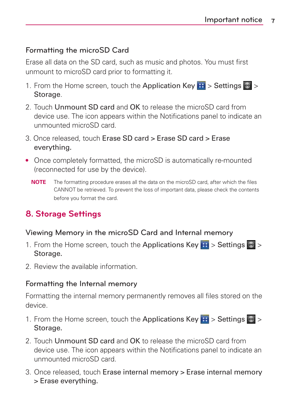 Storage settings, Important notice formatting the microsd card | LG AS695 User Manual | Page 9 / 300