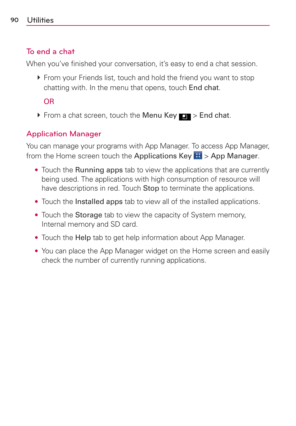 Utilities to end a chat, Application manager | LG AS695 User Manual | Page 92 / 300