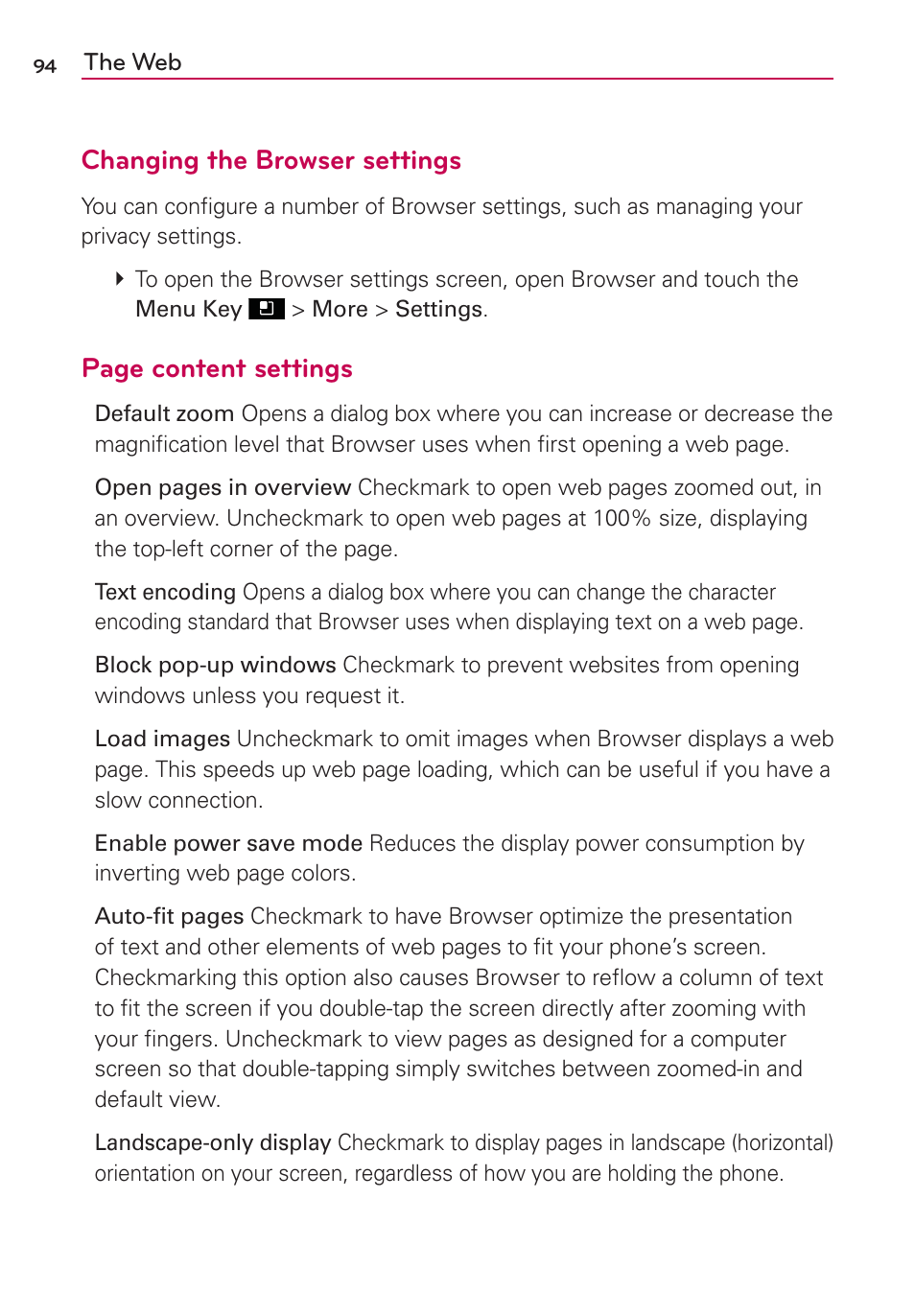 Changing the browser settings, Page content settings | LG AS695 User Manual | Page 96 / 300