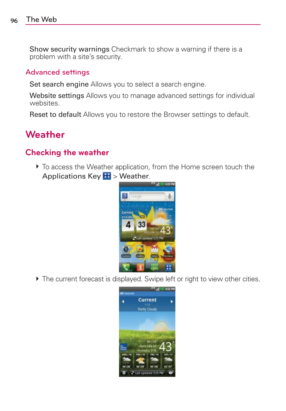 Weather, Checking the weather | LG AS695 User Manual | Page 98 / 300