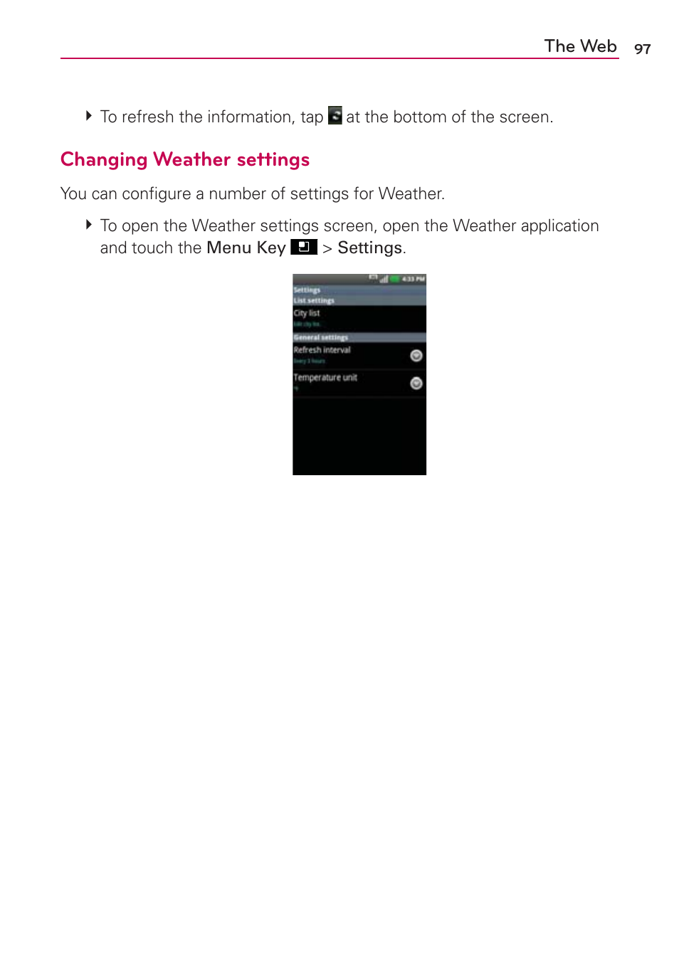 Changing weather settings | LG AS695 User Manual | Page 99 / 300