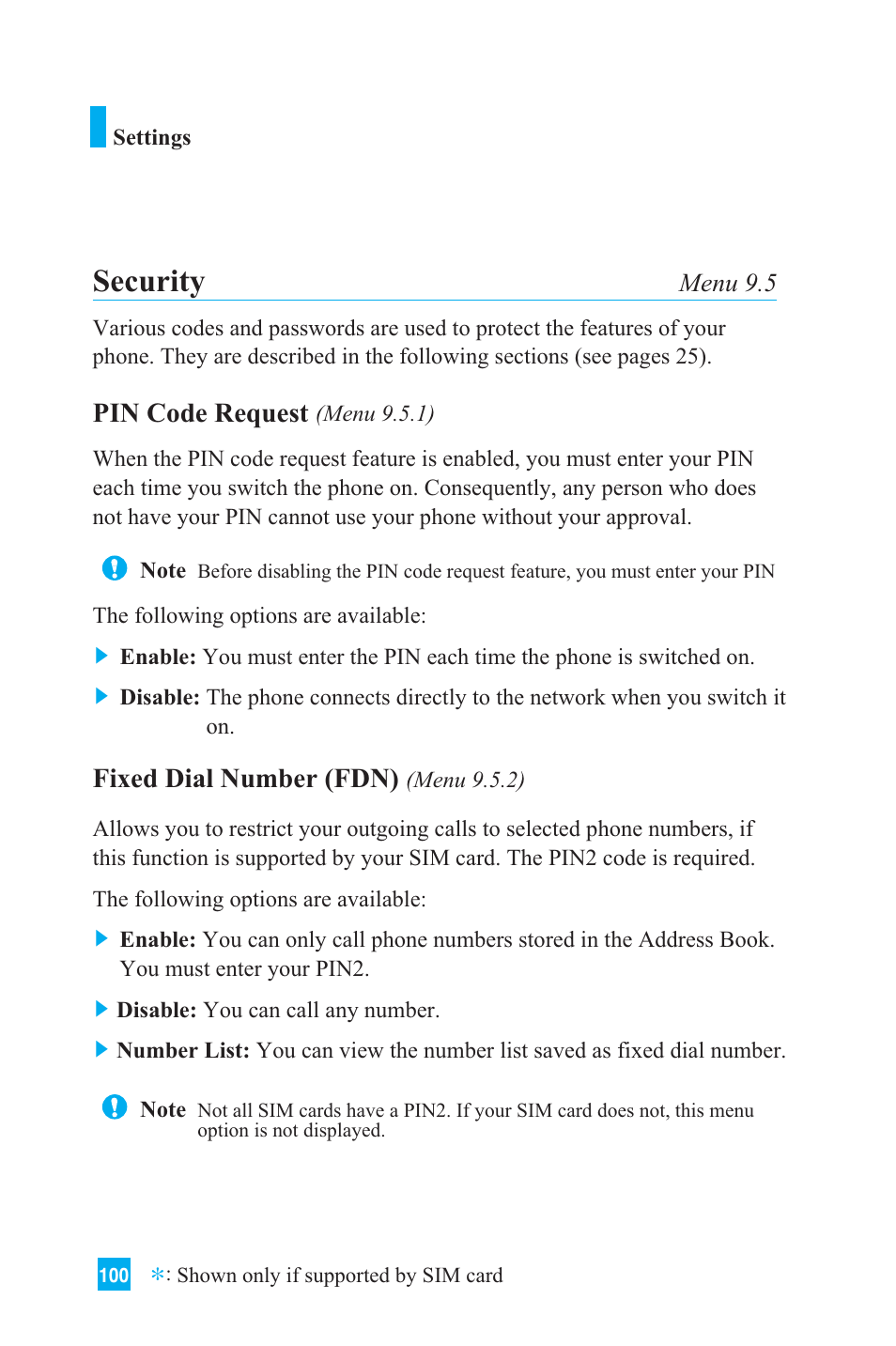 Security, Pin code request, Fixed dial number (fdn) | LG L1150 User Manual | Page 103 / 134