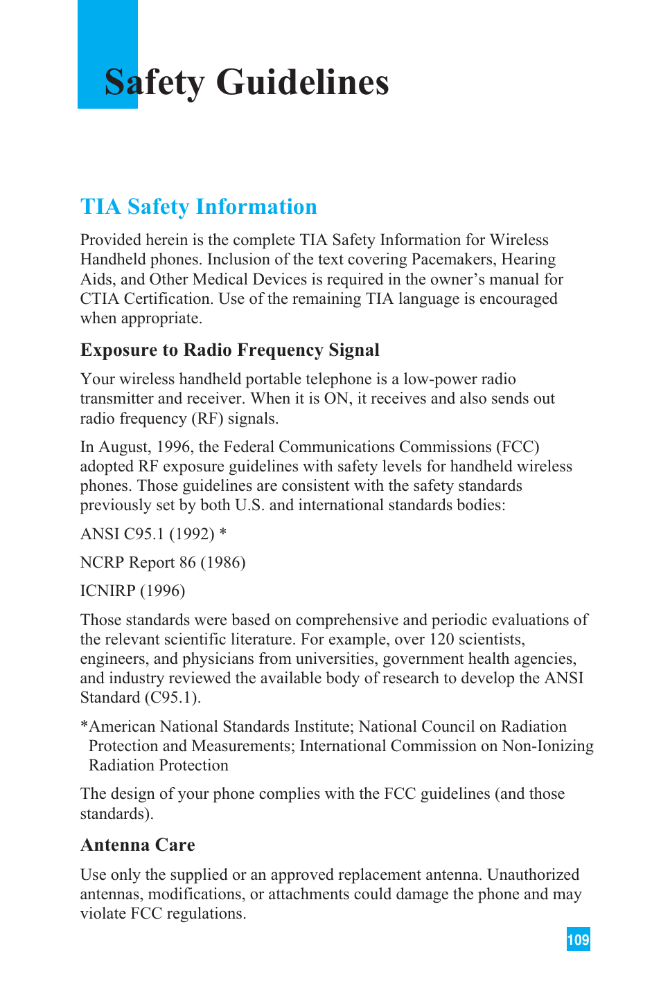 Safety guidelines, Tia safety information | LG L1150 User Manual | Page 112 / 134