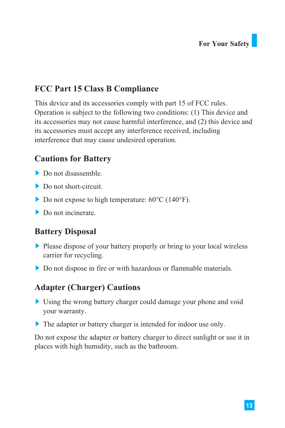 Fcc part 15 class b compliance, Cautions for battery, Battery disposal | Adapter (charger) cautions | LG L1150 User Manual | Page 16 / 134