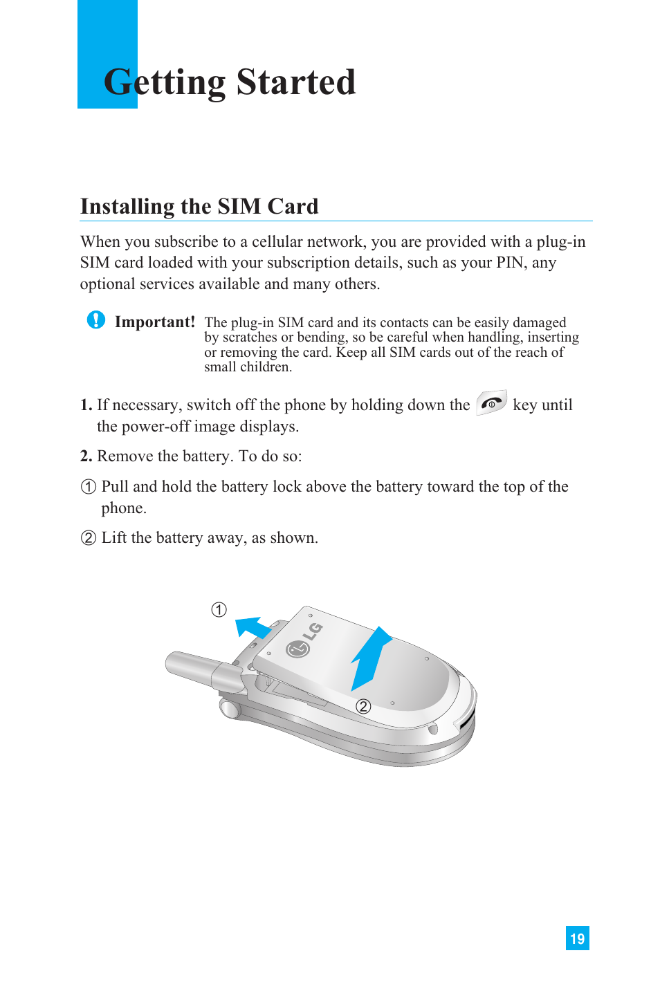 Getting started, Installing the sim card | LG L1150 User Manual | Page 22 / 134