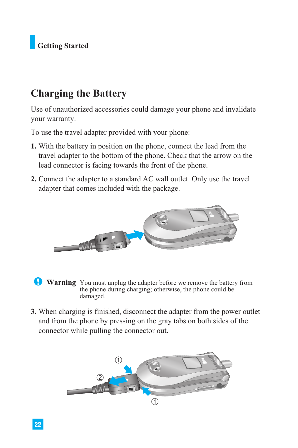 Charging the battery | LG L1150 User Manual | Page 25 / 134