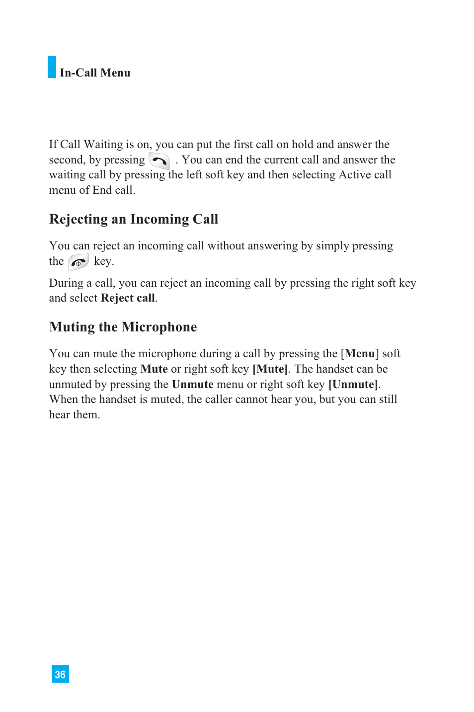 Rejecting an incoming call, Muting the microphone | LG L1150 User Manual | Page 39 / 134