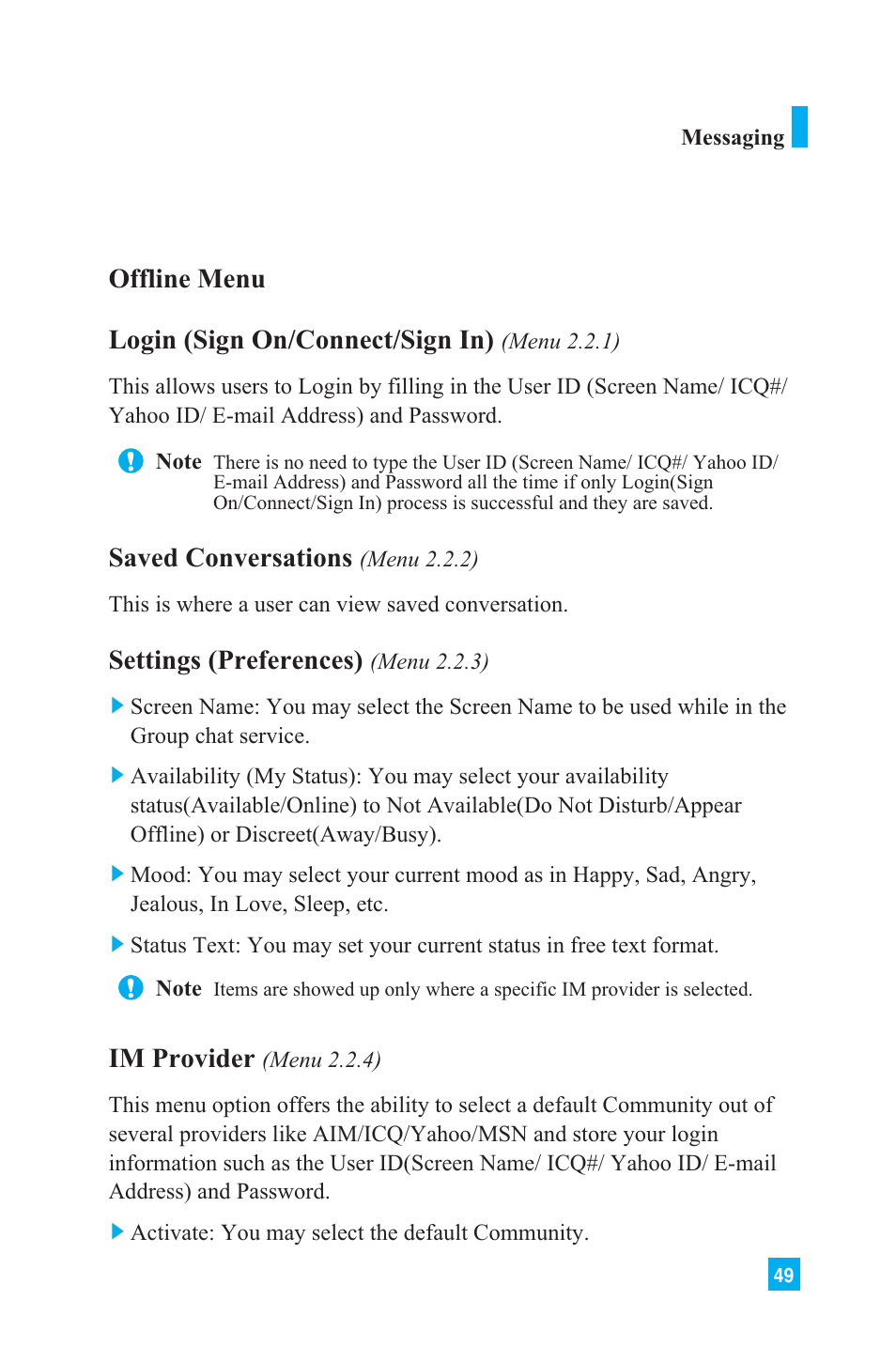 Offline menu login (sign on/connect/sign in), Saved conversations, Settings (preferences) | Im provider | LG L1150 User Manual | Page 52 / 134
