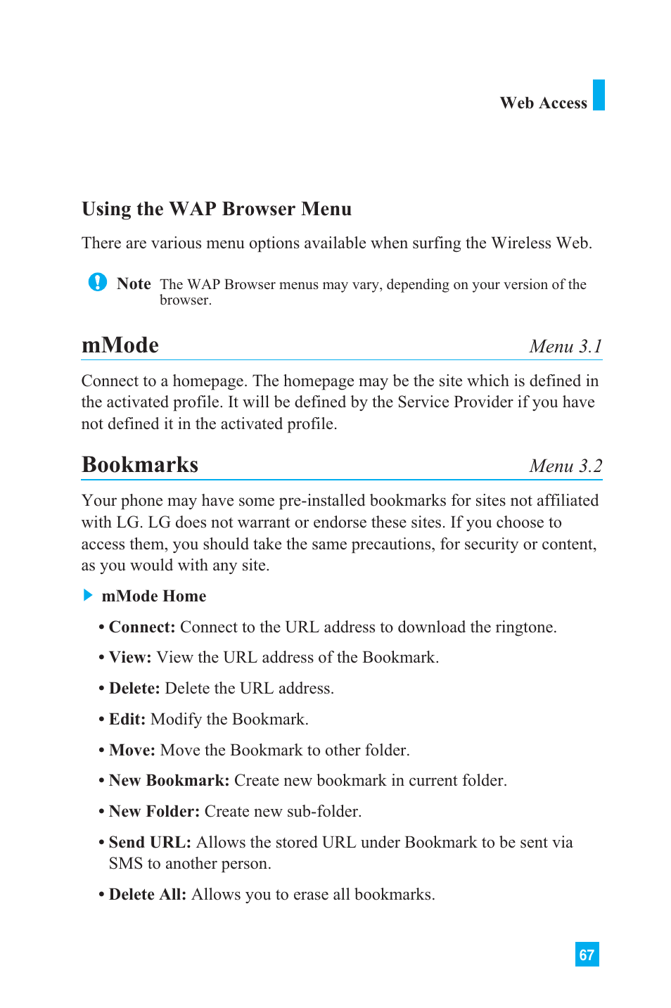 Mmode, Bookmarks | LG L1150 User Manual | Page 70 / 134