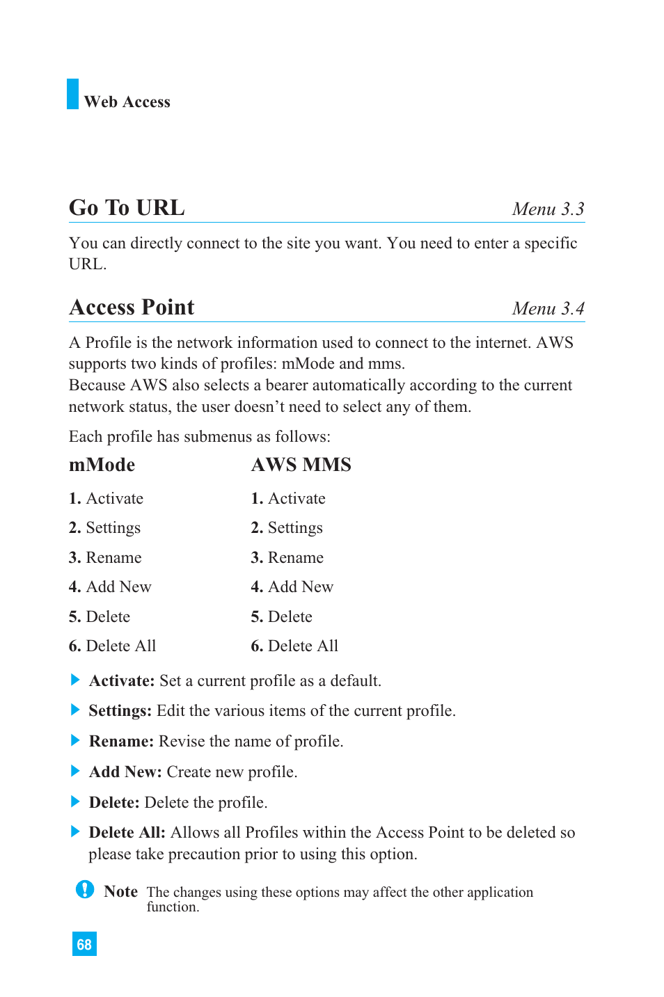 Go to url, Access point, Mmode | Aws mms | LG L1150 User Manual | Page 71 / 134