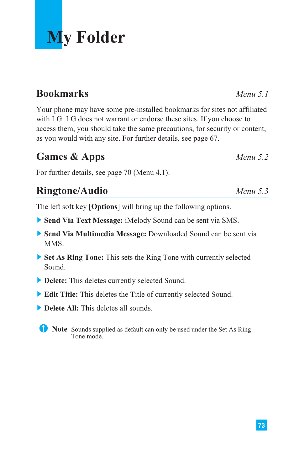 My folder, Bookmarks, Games & apps | Ringtone/audio | LG L1150 User Manual | Page 76 / 134