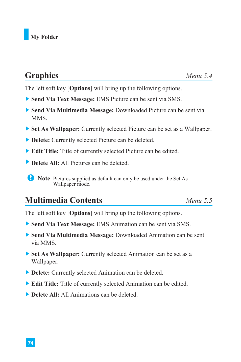 Graphics, Multimedia contents, Menu 5.4 | Menu 5.5 | LG L1150 User Manual | Page 77 / 134