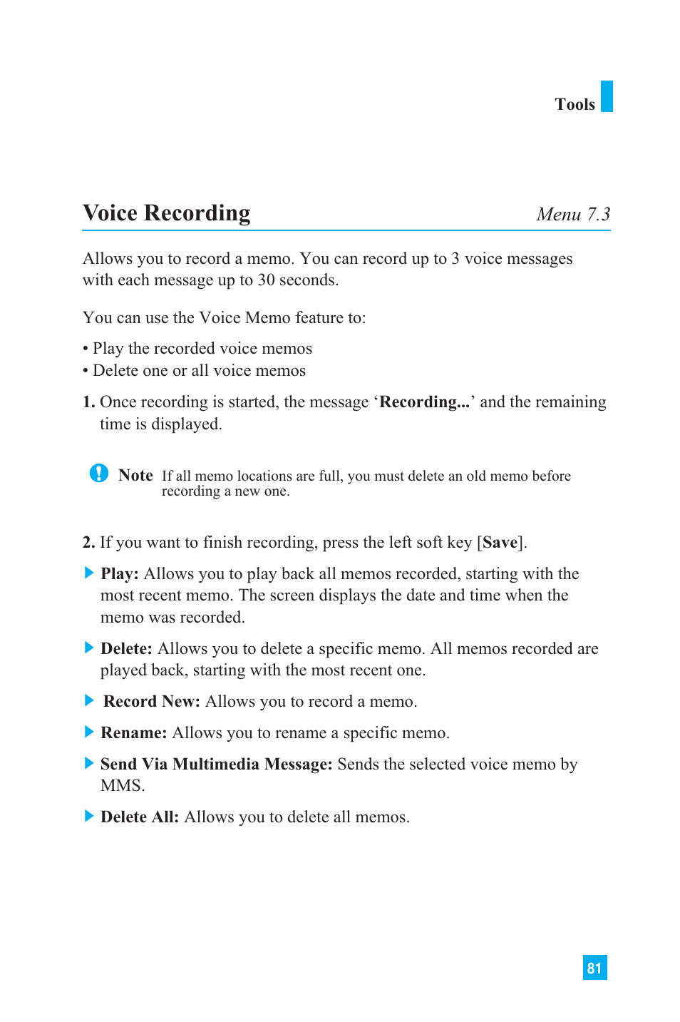 Voice recording, Menu 7.3 | LG L1150 User Manual | Page 84 / 134