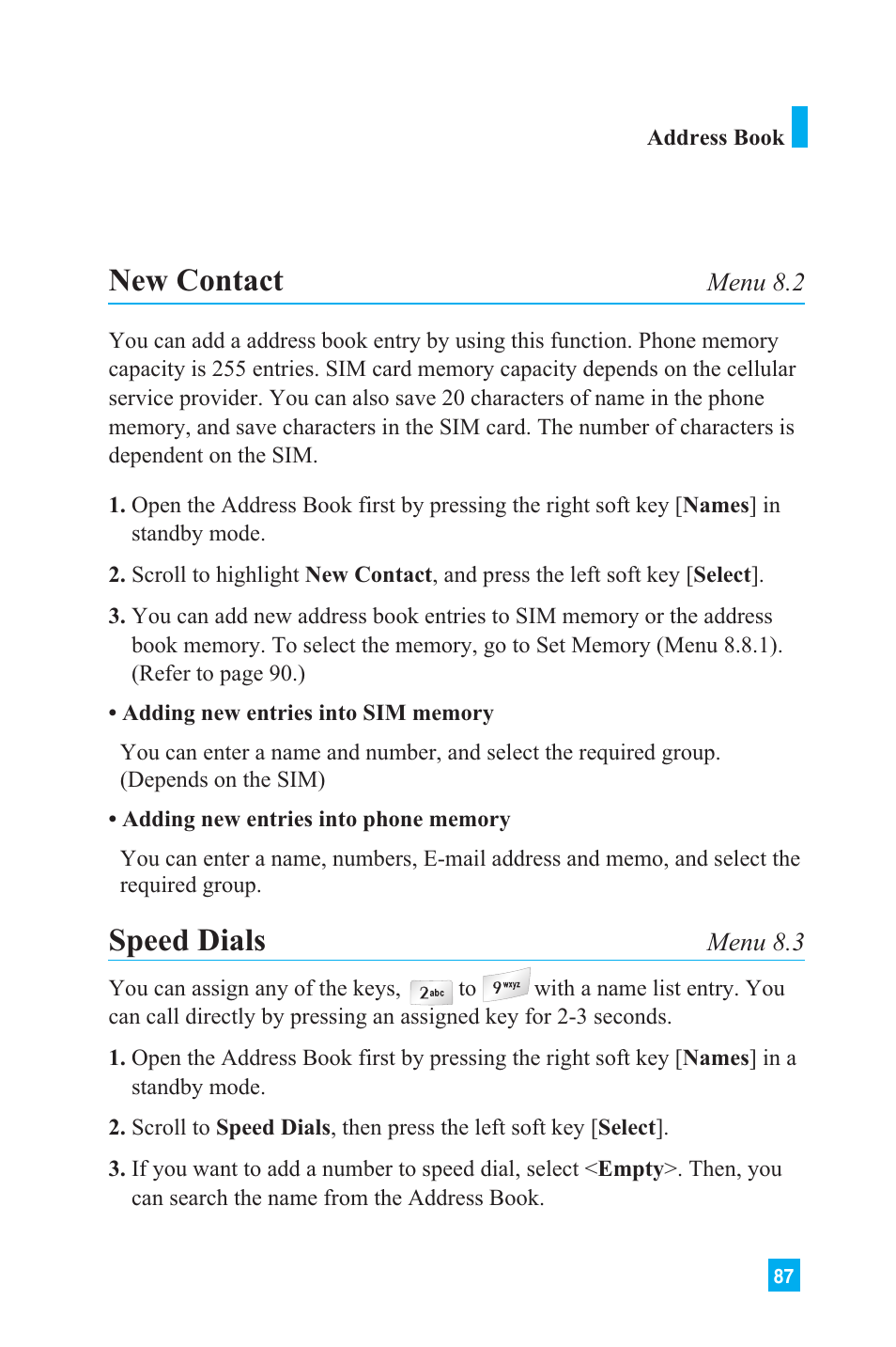 New contact, Speed dials | LG L1150 User Manual | Page 90 / 134