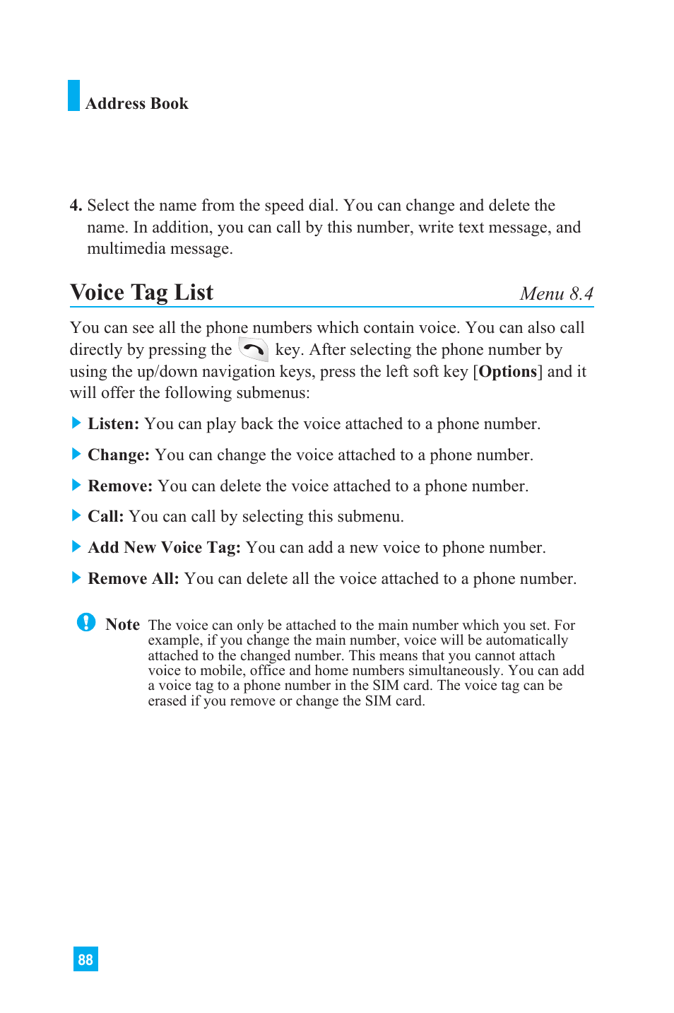 Voice tag list, Menu 8.4 | LG L1150 User Manual | Page 91 / 134