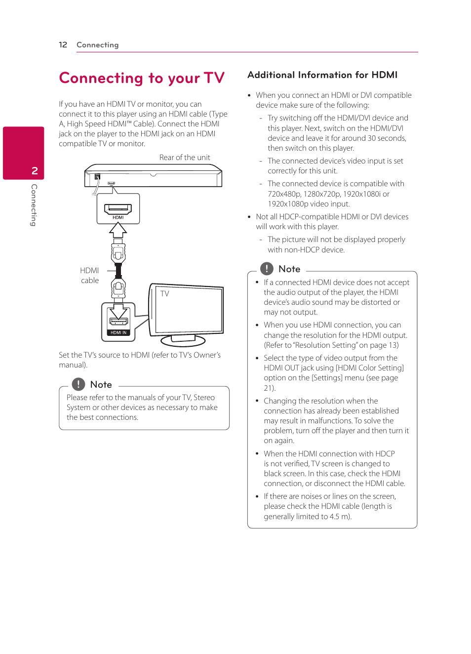 2 connecting, Connecting to your tv | LG BP340 User Manual | Page 12 / 62