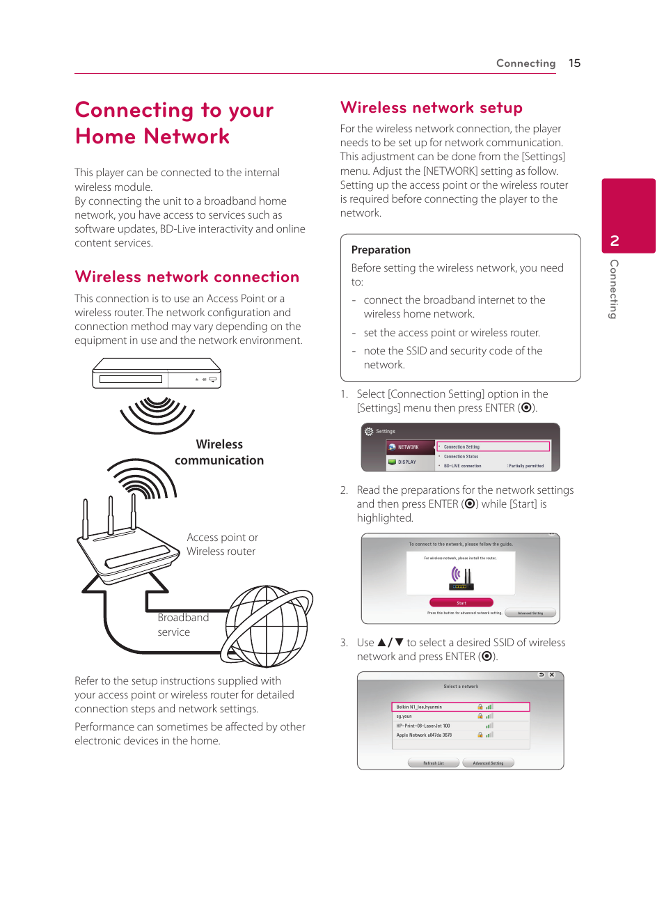 Connecting to your home network, Wireless network connection, Wireless network setup | LG BP340 User Manual | Page 15 / 62