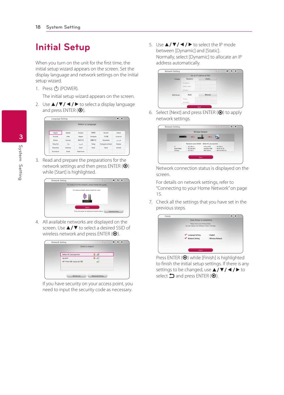 3 system setting, Initial setup, 18 initial setup | LG BP340 User Manual | Page 18 / 62