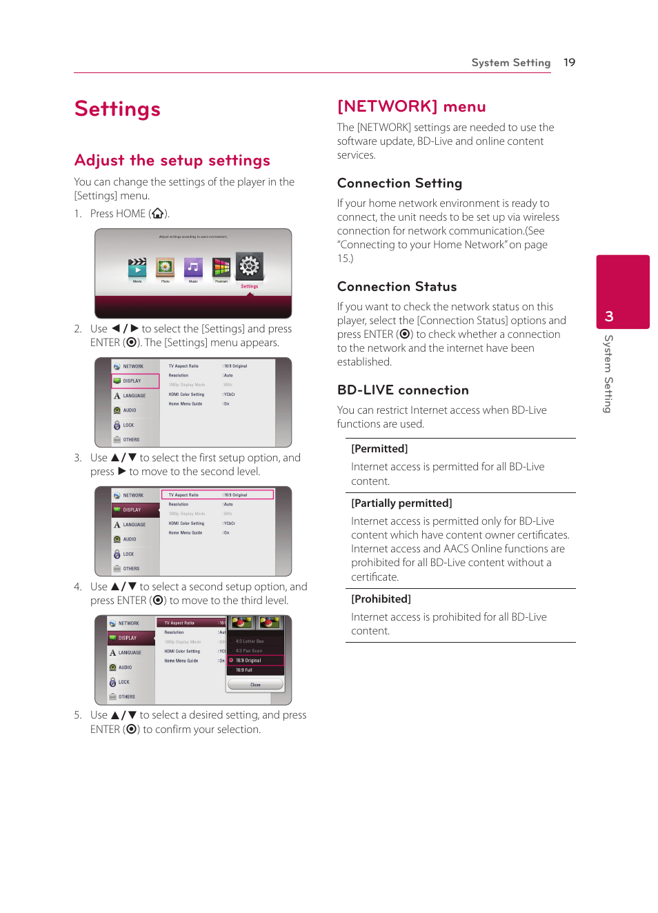 Settings, Adjust the setup settings, Network] menu | LG BP340 User Manual | Page 19 / 62