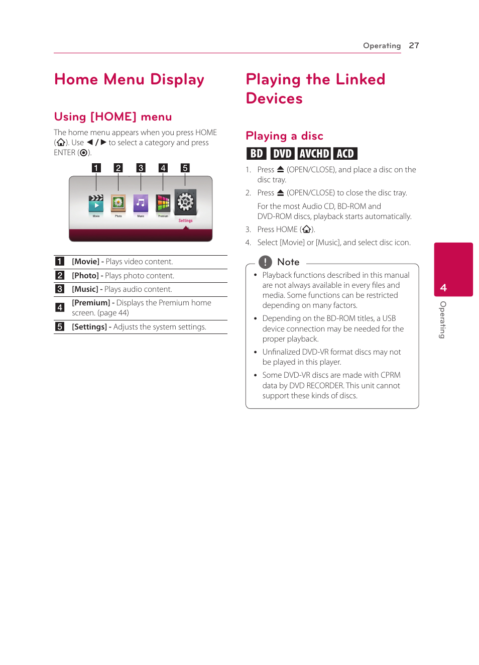 4 operating, Home menu display, Using [home] menu | Playing the linked devices, Playing a disc, Playing a disc erot | LG BP340 User Manual | Page 27 / 62